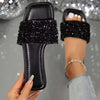 Women's Square Head Non-Slip Rhinestone Sandal Slippers Fashionable Open Summer Flat Slippers
